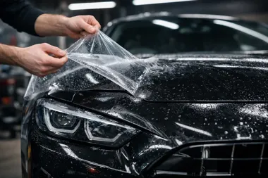 Dłonie odklejają folię ochronną z mokrej maski czarnego samochodu.