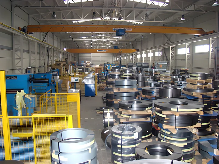 Hala przemysłowa z licznymi zwojami blach stalowych ułożonymi w stosach i suwnicami sufitowymi