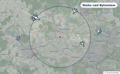 Mapa okolic miasta z sylwetkami samolotów — Niebo nad Bytomiem na żywo