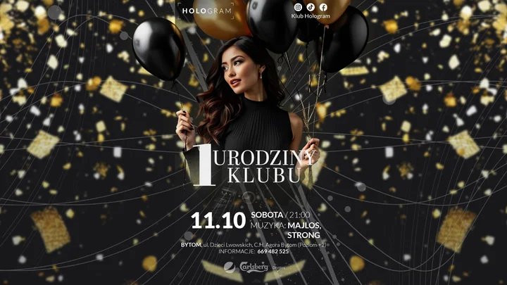 Obrazek przedstawia grafikę promocyjną wydarzenia Impreza klubowa z okazji pierwszych urodzin Klubu Hologram