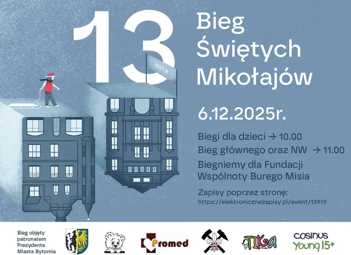 Grafika promocyjna wydarzenia 13 Bieg Świętych Mikołajów — charytatywny bieg w Bytomiu, 6 grudnia 2025