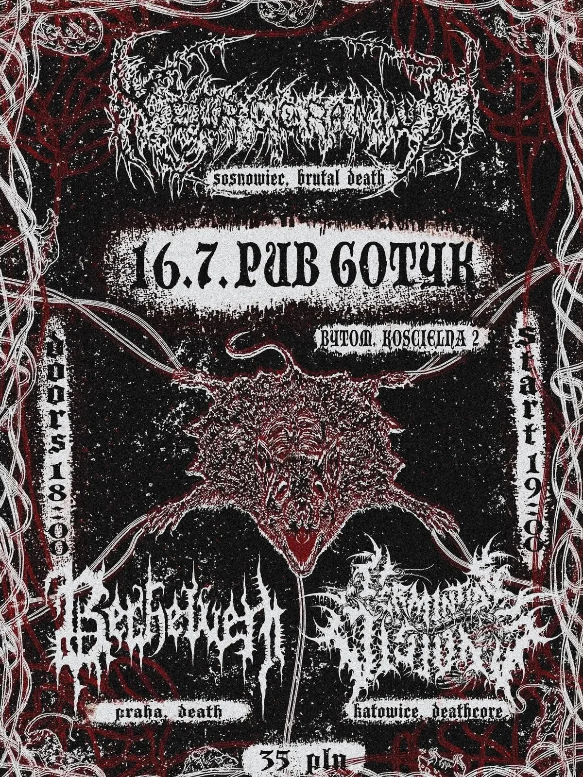 Grafika promocyjna wydarzenia NECROCRANIUM, VERMINTIDE VISIONS i BERHELVEN w Bytomiu – koncert w pubie Gotyk