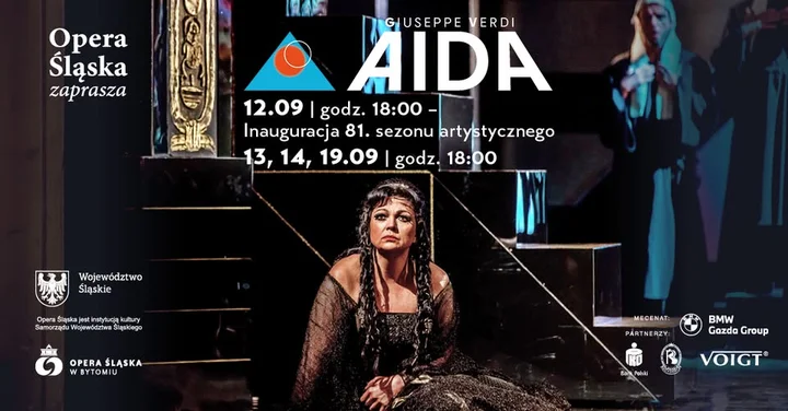 Obrazek przedstawia grafikę promocyjną wydarzenia Aida Giuseppe Verdiego — inauguracja 81. sezonu Opery Śląskiej