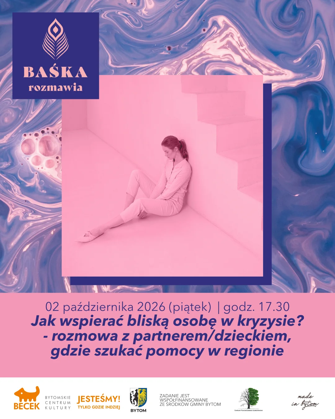 Grafika promocyjna wydarzenia BAŚKA rozmawia: „Jak wspierać bliską osobę w kryzysie?”