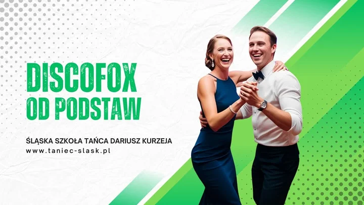 Obrazek przedstawia grafikę promocyjną wydarzenia Kurs Discofoxu dla dorosłych w Bytomiu — podstawy i praktyka