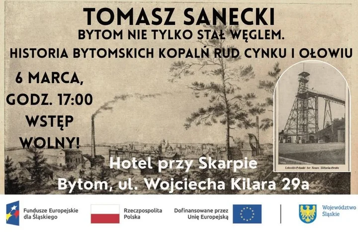 Grafika promocyjna wydarzenia Bytom nie tylko stał węglem — wykład „Historia bytomskich kopalń rud cynku i ołowiu” (Tomasz Sanecki)