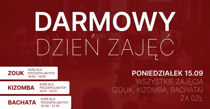 Obrazek przedstawia grafikę promocyjną wydarzenia Bezpłatny dzień próbny tańca: zouk, kizomba i bachata