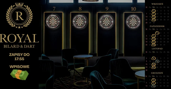 Obrazek przedstawia grafikę promocyjną wydarzenia Turniej rankingowy darts w Royal Bilard & Dart