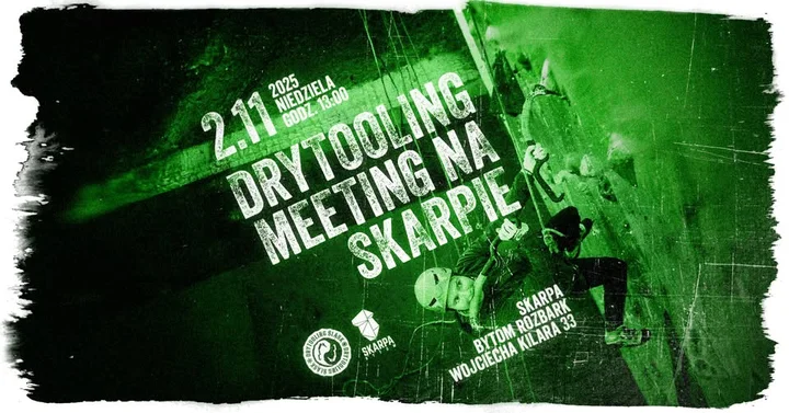 Grafika promocyjna wydarzenia DRYTOOLING MEETING na Skarpie — otwarcie sezonu drytoolingu