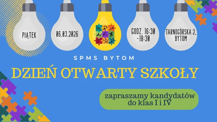 Grafika promocyjna wydarzenia Dzień Otwarty SPMS Bytom — Puzzelkowo dla młodych sportowców