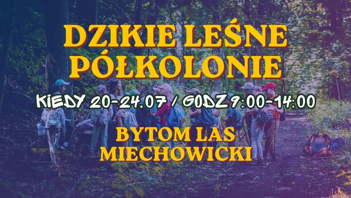 Grafika promocyjna wydarzenia DZIKIE LEŚNE PÓŁKOLONIE w Bytomiu: wakacje w Miechowickim Lesie pełne przygód