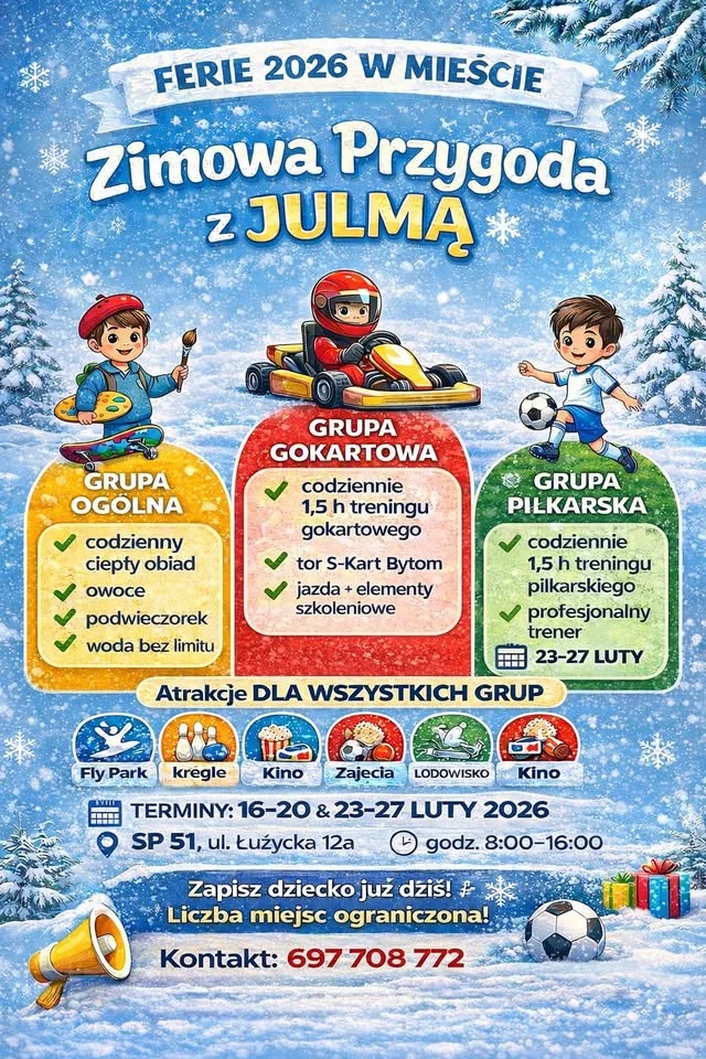 Grafika promocyjna wydarzenia Ferie w Mieście JULMA Bytom — zimowa przygoda 16–27 lutego 2026