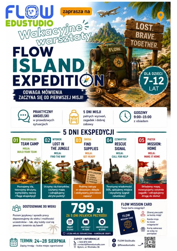 Grafika promocyjna wydarzenia FLOW Island Expedition: wakacyjne warsztaty językowe