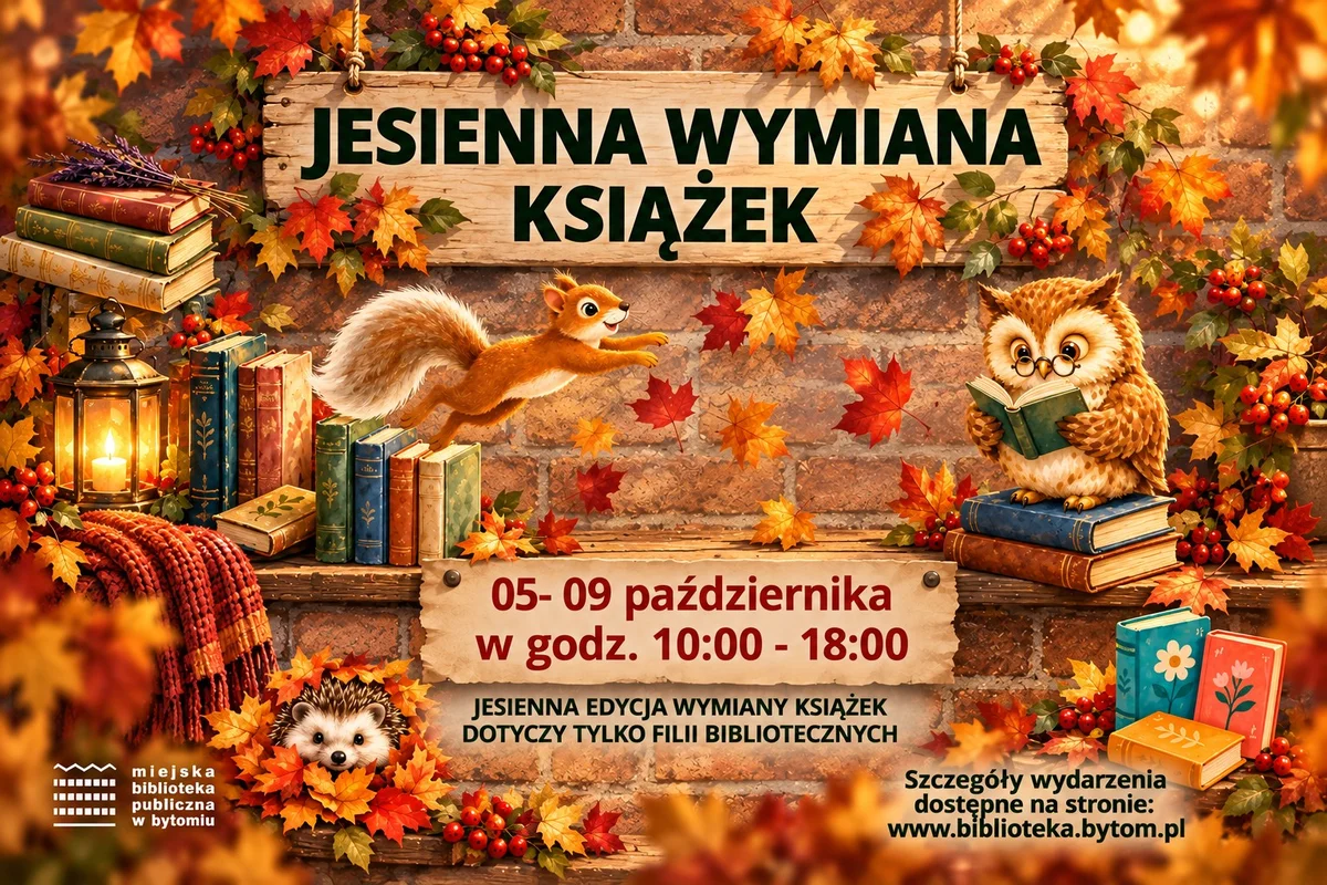Grafika promocyjna wydarzenia Jesienna Wymiana Książkowa w Bytomiu – wymiana książek