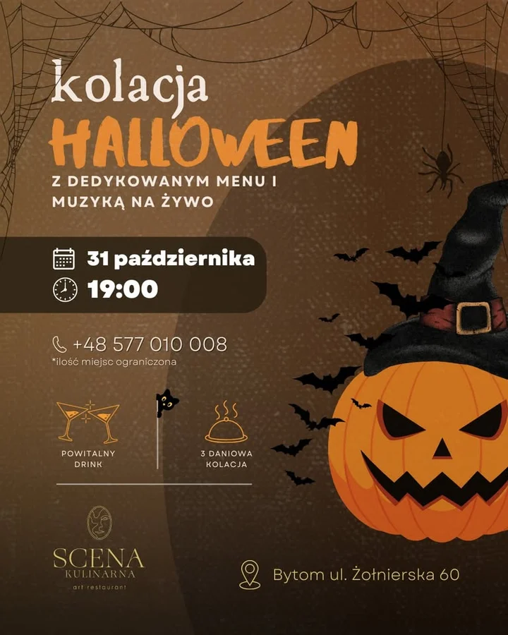Grafika promocyjna wydarzenia KOLACJA HALLOWEENOWA w Scenie Kulinarnej — kolacja z muzyką na żywo 31 października