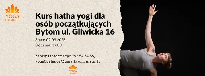 Obrazek przedstawia grafikę promocyjną wydarzenia Kurs hatha jogi dla początkujących w Bytomiu