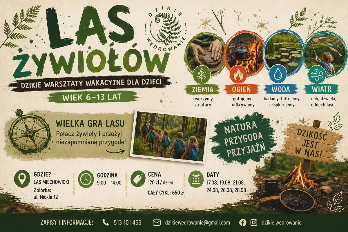 Grafika promocyjna wydarzenia Las Żywiołów – warsztaty leśne