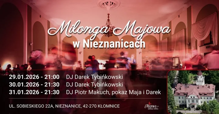Grafika promocyjna wydarzenia Majowe Milongi w Nieznanicach — 29–31 stycznia 2026