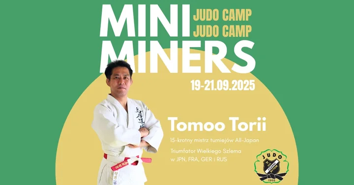 Obrazek przedstawia grafikę promocyjną wydarzenia Letni obóz judo z japońskim trenerem Tomoo Torii na Śląsku