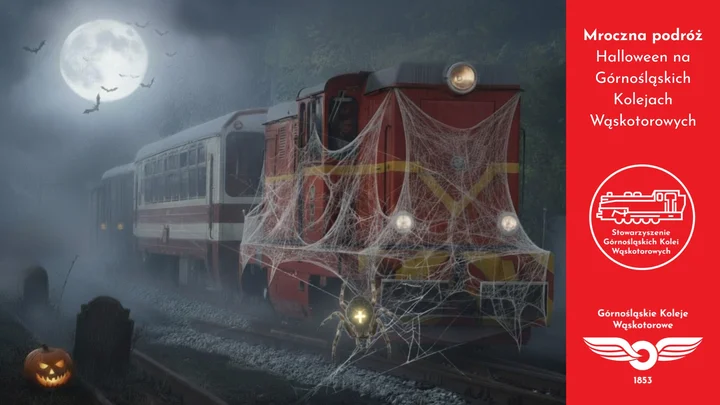 Grafika promocyjna wydarzenia Mroczna podróż — Halloween na Górnośląskich Kolejach Wąskotorowych