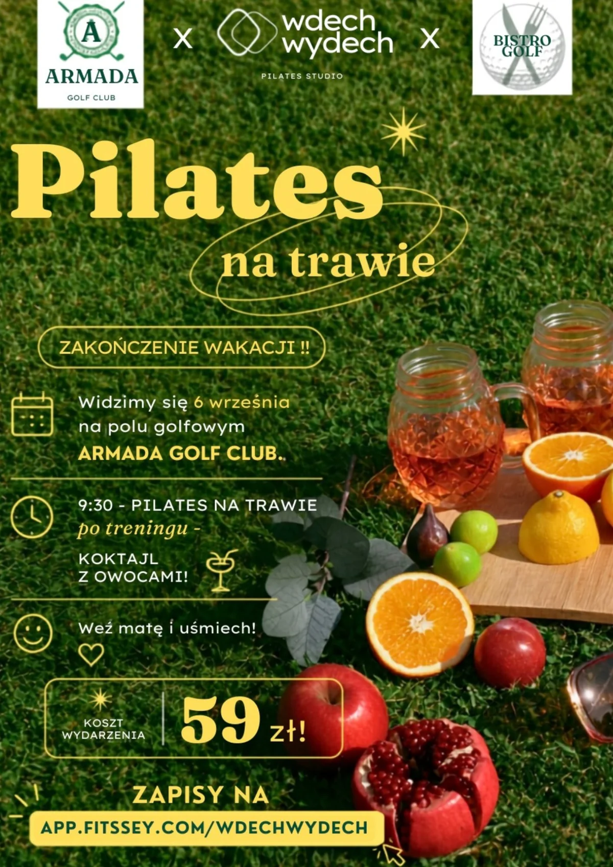 Grafika promocyjna wydarzenia Pilates na trawie na Polu Golfowym ARMADA – koniec wakacji