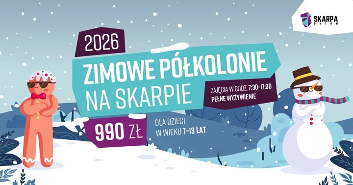 Grafika promocyjna wydarzenia Półkolonie zimowe na Skarpie 2026 — ferie pełne wspinaczki, warsztatów i zabawy