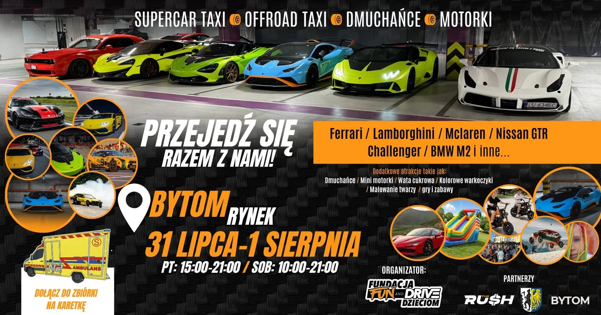 Grafika promocyjna wydarzenia Przejedź się Ferrari, Lamborghini, McLaren, GTR, Challenger, BMW – motoryzacja charytatywna
