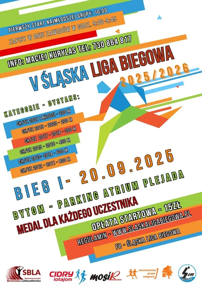 Obrazek przedstawia grafikę promocyjną wydarzenia Finał pierwszego biegu Śląskiej Ligi Biegowej 25/26 dla dzieci i młodzieży