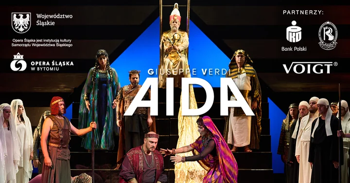 Grafika promocyjna wydarzenia Aida — monumentalna opera Giuseppe Verdiego w Bytomiu