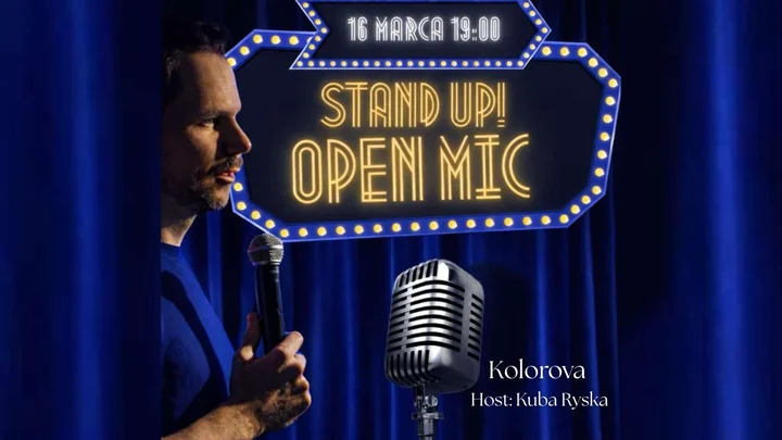 Grafika promocyjna wydarzenia Stand-up (otwarty mikrofon) w Kolorova Bytom — 16 marca wieczorem pełnym śmiechu