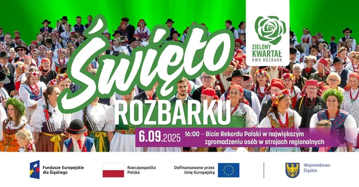 Obrazek przedstawia grafikę promocyjną wydarzenia Rekord Polski w strojach regionalnych podczas Święta Rozbarku 2025