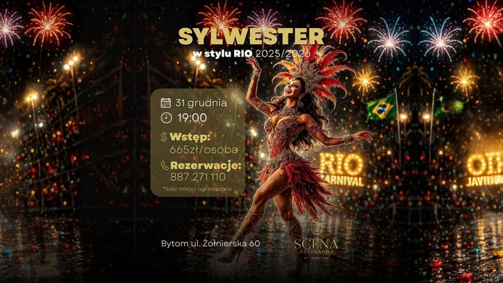 Grafika promocyjna wydarzenia SYLWESTER 2025/2026 w Scenie Kulinarnej — sylwester w stylu Rio