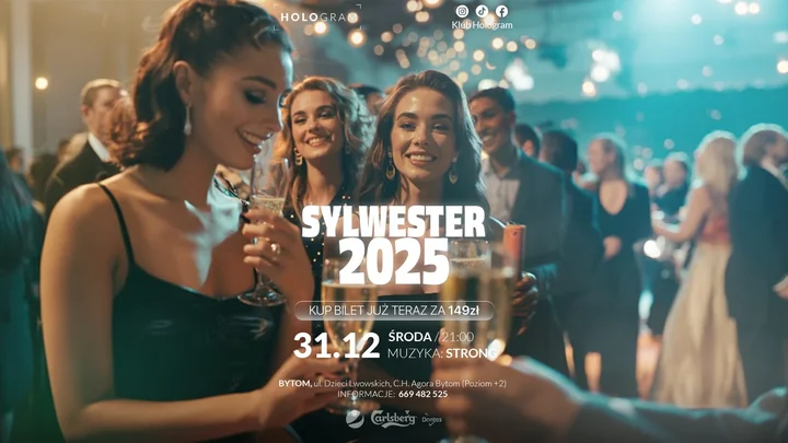 Grafika promocyjna wydarzenia SYLWESTER 2025 HOLO BYTOM w Klubie Hologram