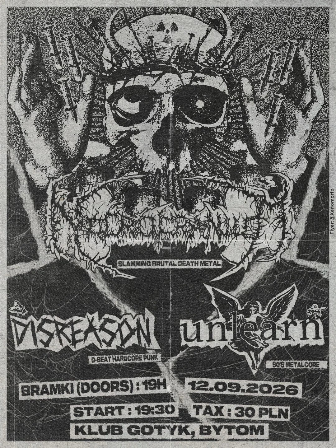 Grafika promocyjna wydarzenia TECHNOPHOBIA / DISREASON / UNLEARN w Bytomiu