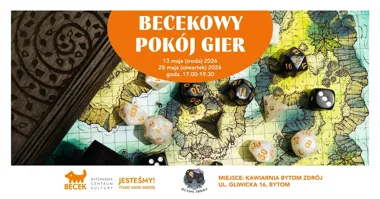 Grafika promocyjna wydarzenia BECEKOWY POKÓJ GIER w Kawiarni Bytom Zdrój – planszówki, emocje i luźna rozgrywka