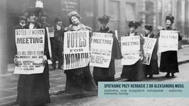 Grafika promocyjna wydarzenia Dyskretny urok brytyjskich sufrażystek — spotkanie z dr Aleksandrą Musil