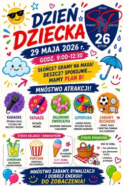 Grafika promocyjna wydarzenia Dzień Dziecka w SP26 w Bytomiu-Miechowicach: atrakcje, zabawy i lody