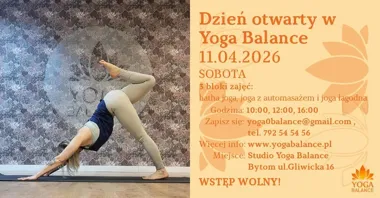 Grafika promocyjna wydarzenia Dzień Otwarty w Yoga Balance Bytom – joga, relaks i wstęp wolny 11 kwietnia