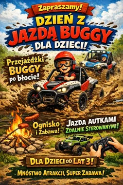 Grafika promocyjna wydarzenia Dzień z buggy dla dzieci w Bytomiu – jazda, ognisko i tyrolka