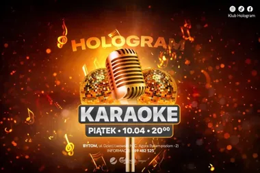 Grafika promocyjna wydarzenia Karaoke w Klubie Hologram w Bytomiu. Muzyczny wieczór z nagrodami i wstępem wolnym