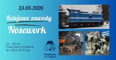 Grafika promocyjna wydarzenia Kolejowe Zawody Nosework — zawody detektywów na czterech łapach w Bytomiu
