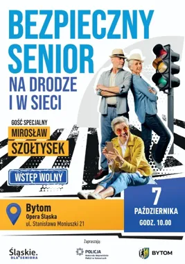 Grafika promocyjna wydarzenia Świadomi i bezpieczni seniorzy z Mirosławem Szołtyskiem