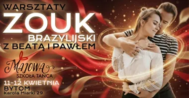 Grafika promocyjna wydarzenia Warsztaty zouka brazylijskiego z Beatą i Pawłem — Majowa Szkoła Tańca (11–12 kwietnia 2026)