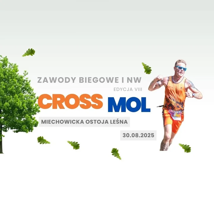 Obrazek przedstawia grafikę promocyjną wydarzenia Crossowe zawody biegowe i marsz Nordic Walking w Miechowickiej Ostoi Leśnej
