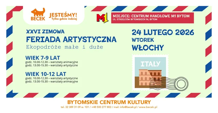 Grafika promocyjna wydarzenia Warsztaty artystyczne – Europa (Ciao Italia) dla dzieci 7–9 lat