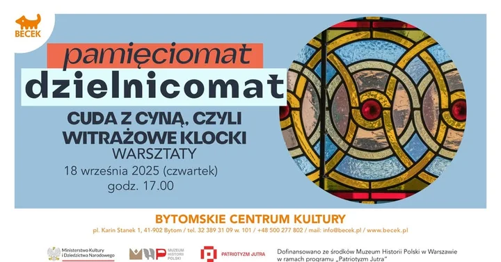 Obrazek przedstawia grafikę promocyjną wydarzenia Warsztat lutowania witraży metodą Tiffany — zawieszki ze szklanych klocków