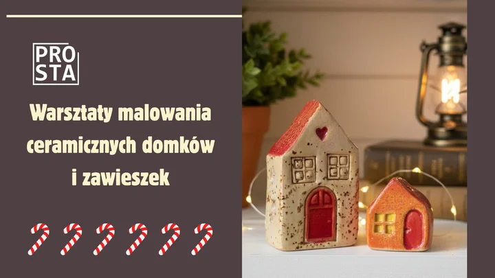 Grafika promocyjna wydarzenia Warsztaty malowania ceramicznych domków i zawieszek — stwórz swój własny mały świat