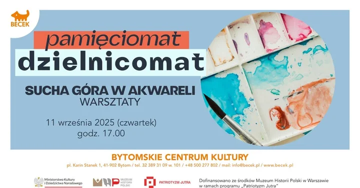 Obrazek przedstawia grafikę promocyjną wydarzenia Akwarelowe warsztaty plenerowe na Suchej Górze