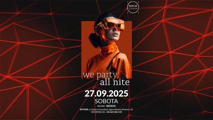 Obrazek przedstawia grafikę promocyjną wydarzenia Impreza taneczna w Klubie Hologram — 27 września