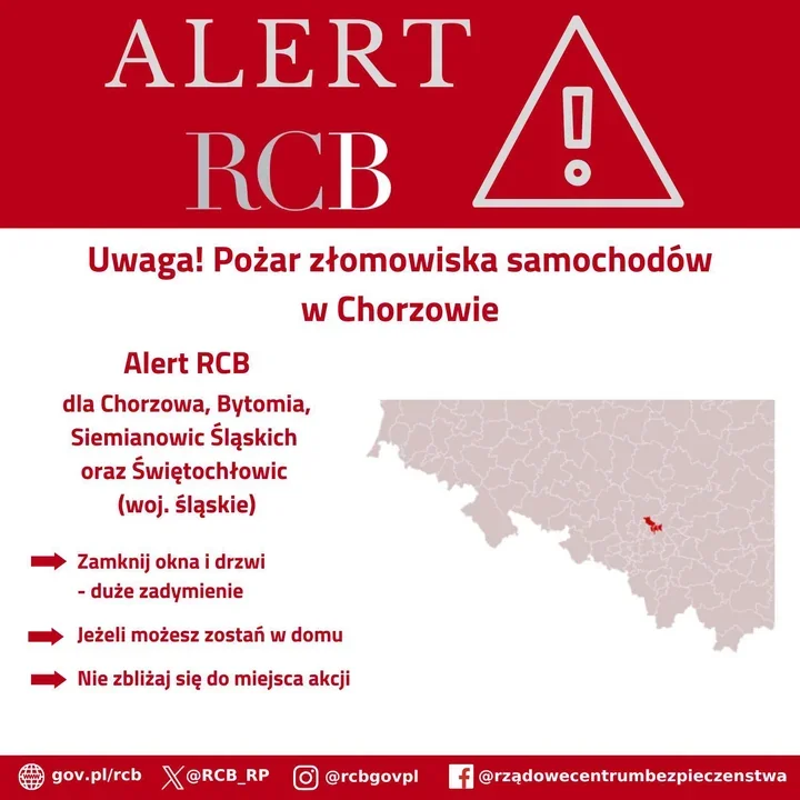 Pożar złomowiska w Chorzowie. RCB ostrzega mieszkańców Bytomia